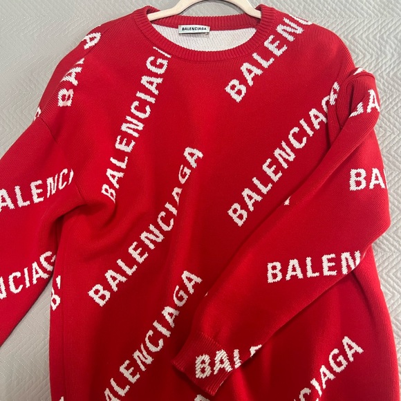 Red Balenciaga Allover Logo Sweater